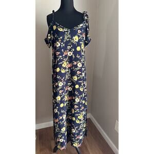Navy Floral Maxi Dress Shoulder Tie Sleeves BloomCore CottageCore Boho Sz S